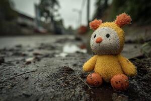 A stuffed animal sits on the ground in a puddle photo