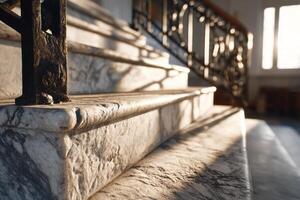 A close up of a marble staircase with a railing photo