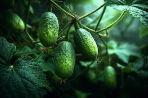 Green cucumbers on the plant photo