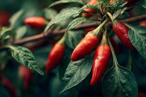 Red chili peppers growing on a plant photo