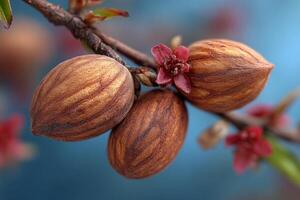 Almonds on a branch with flowers photo