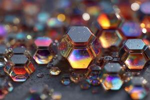 A group of colorful hexagonal crystals on a black surface photo
