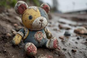 A teddy bear sitting in the mud photo