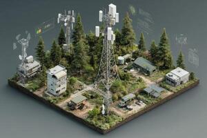 A small town surrounded by trees and cell towers photo