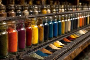 Colorful jars of paint and ink on a shelf photo
