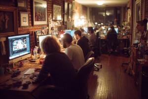 A group of people working on computers in a room photo