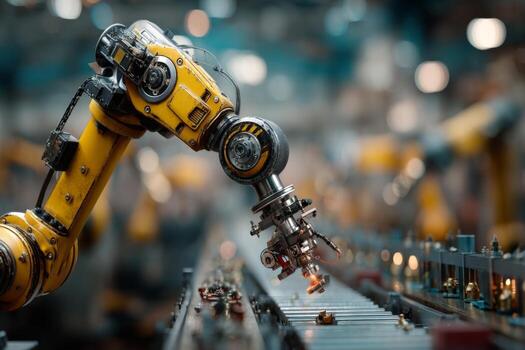 A robot is working on a conveyor belt photo