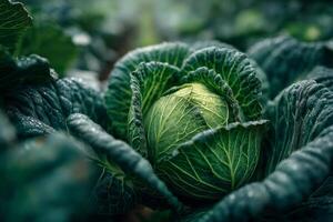 A close up of a cabbage plant in a field photo