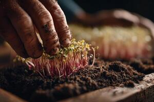 A person is picking up sprouts from soil photo