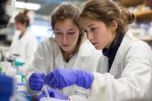 Two women in lab coats working on something photo