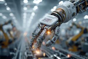 A robot hand is holding a device in a factory photo