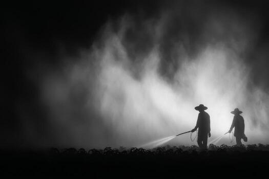 Two men in hats are spraying water from a hose photo