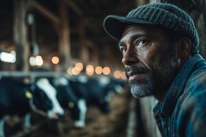 A man in a hat and blue shirt is looking out a barn photo
