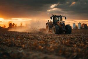 A tractor is plowing a field at sunset photo