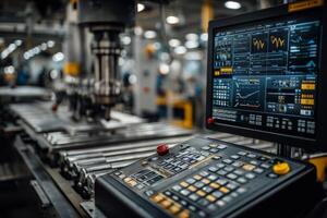 A machine is in a factory with a computer screen photo