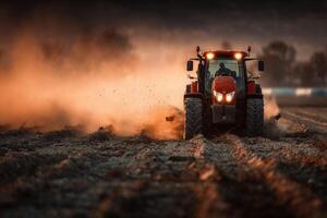 A tractor plowing a field at dusk photo