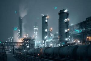 An industrial refinery at night with glowing lights photo