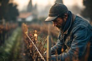 A man in a hat and jacket tending to grapes photo