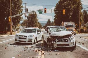 Two cars that have been involved in a collision photo