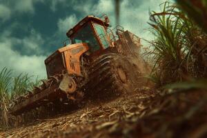 A tractor is driving through a field photo