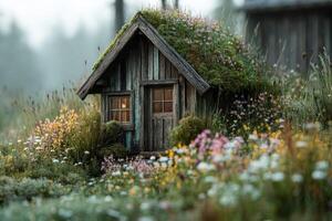 A small house with a grass roof in the middle of a field photo