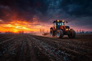 Tractor plowing field at sunset photo