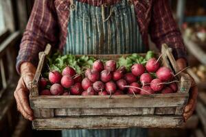 A man holding a crate of radishes in a wooden box photo