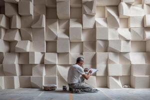 A man sitting on the floor in front of a wall of cubes photo