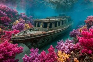 An old boat is submerged in the coral reef photo