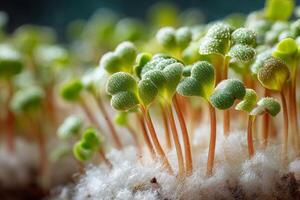 A close up of sprouts growing in snow photo