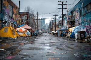 A street with tents and graffiti on it photo