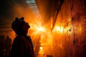 A man in a hard hat stands in front of a wall photo