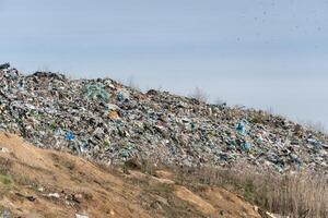 Large Landfill with Mixed Waste Materials Creates Environmental Concerns Amidst Open Sky with Birds Above photo