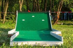 Miniature golf lane with green turf, three target holes, safety netting in an outdoor setting with grass and trees photo