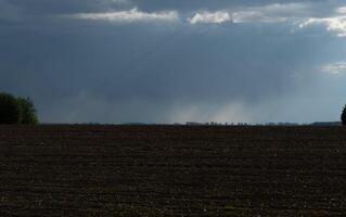 A dramatic landscape shows dark soil under ominous storm clouds with pouring rain and distant trees on the horizon. photo