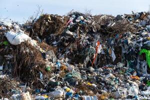 Accumulation of Trash and Debris Creates a Mountain of Waste in a Landfill or Dump Site with Branches and Bags photo