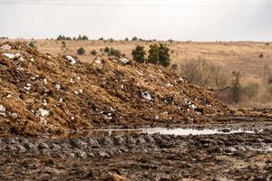 Manure Pile with Snow Accents on a Farm Field in Winter photo