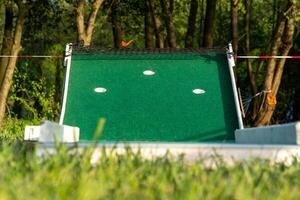 A vibrant green ramp features several targets positioned for a throwing activity. The sunny park setting is surrounded by trees, creating a lively atmosphere photo
