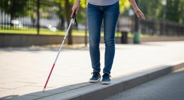 Individual using a white cane to navigate a sidewalk, demonstrating mobility and independence, surrounded by greenery and urban elements in a bright outdoor setting photo