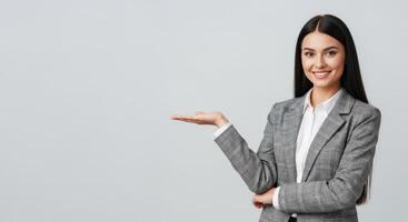 Professional young woman in a plaid blazer presenting or displaying, with a cheerful expression. photo