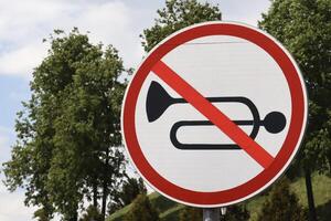 Close-up of a no honking traffic sign with a horn crossed out in red. The round sign stands against a background of green trees and a partly cloudy sky. photo