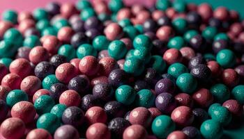 A pile of colorful candy on a pink background photo