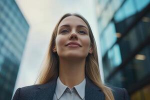 A beautiful young woman in a business suit looking up photo