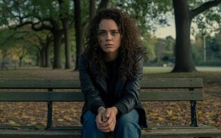 A woman sitting on a park bench in the park photo