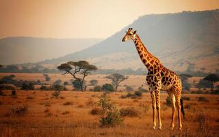 A giraffe standing in a field with a mountain in the background photo