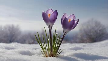 Delicate purple crocus flowers emerge from winter snow showcasing resilience and the beauty of spring's arrival. photo