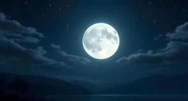 A full moon is seen over a lake at night photo