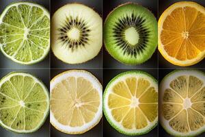 Sliced citrus fruits and kiwis showing their internal structure photo