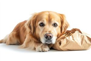 Golden retriever resting near paper bag full of kibble on white background photo
