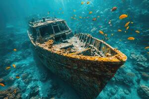 Old rusty shipwreck lying on seabed surrounded by coral reef and colorful fish photo